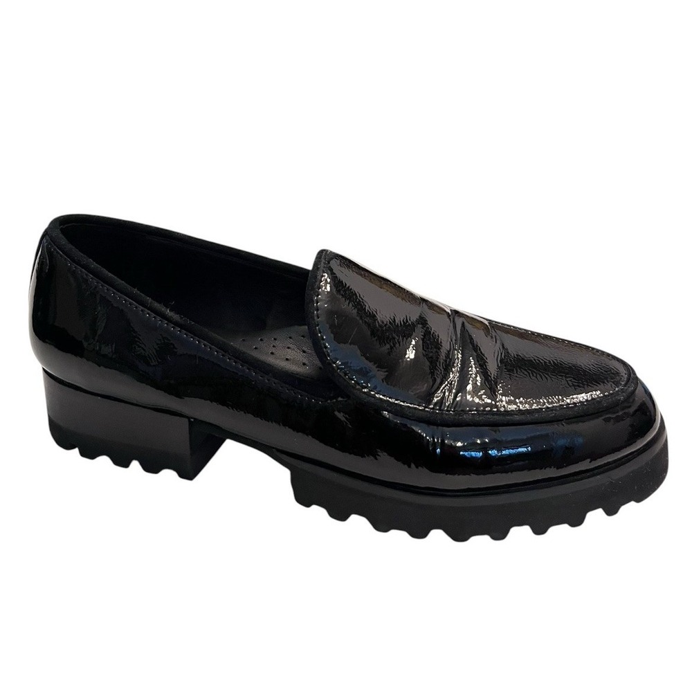 DONALD PLINER Sz 9M Loafers Elen Cici Black Patent Lug Sole Crinkle Leather EUC